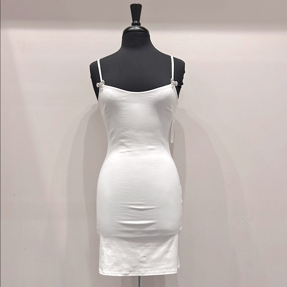 Spaghetti Strap Rhinestone Bow Bodycon Dress - White